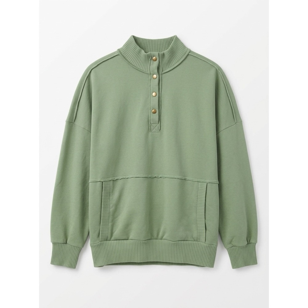 Sage Green Mock Neck Snap Button Fleece Pullover Sweatshirt 3XL